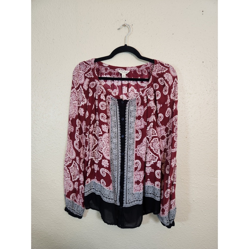 Lucky Brand Womens Medium Burgundy Paisley Rayon Peasant Blouse Long Sleeve Top